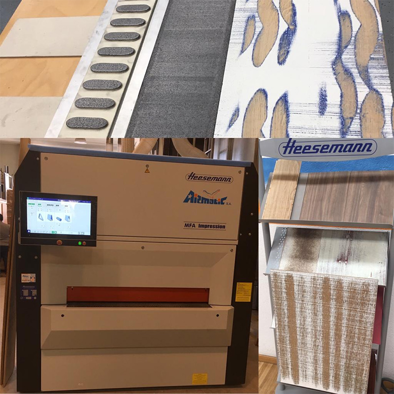 Máquina de Heesemann de Airmatic, con los diferentes acabados de impresion que puede dar a la madera